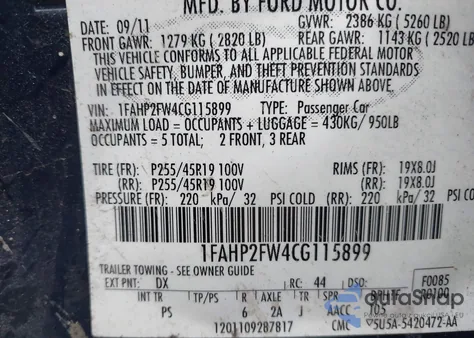 2012 Ford Taurus Limited from USA, damaged, VIN 1FAHP2FW4CG115899